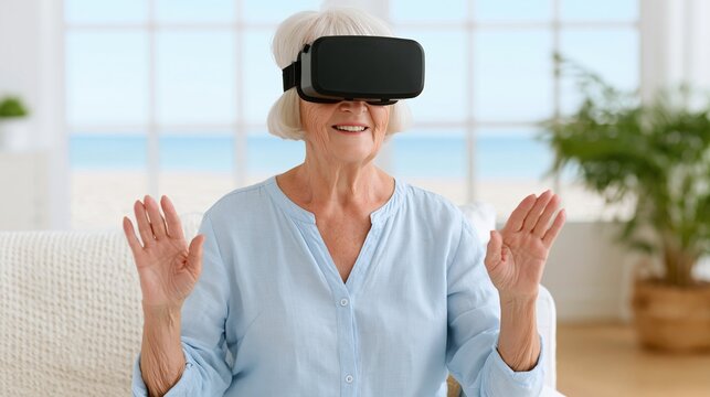 Virtual Immersion: An older woman with a VR headset, experiencing immersive technology with open arms.