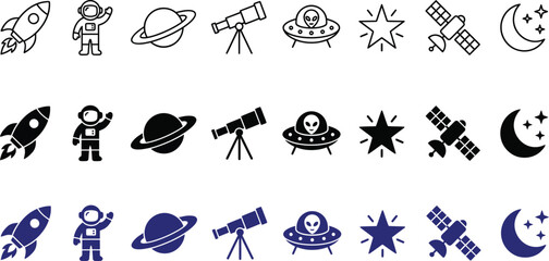 Space exploration and celestial body icons in black white blue rockets astronauts planets telescopes stars satellites the moon with exploration astronaut telescope satellite celestial astronomy © MST SUMAIYA