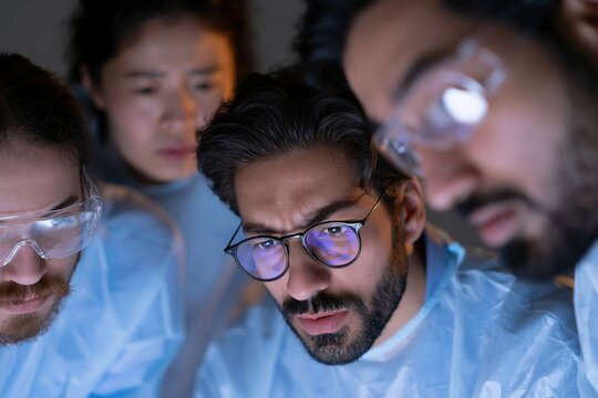 Intense Focus in the Lab: A group of focused scientists in a dimly lit laboratory, deeply engrossed in their research. Their faces etched with concentration as they analyze data. 