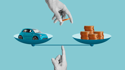 Obraz premium Car cost vs money savings concept, balancing expenses and budget, vehicle affordability, financial decision making, comparing spending and savings, personal finance management and economic choice