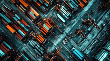 Naklejka premium Overhead view showing an expansive cargo terminal with numerous colorful shipping containers and large industrial cranes actively managing worldwide goods distribution and commerce