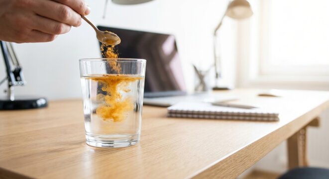 Adding supplement powder to water on modern office desk