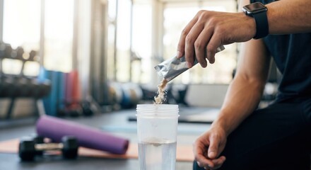 Naklejka premium Athlete pouring protein powder stick pack into shaker bottle