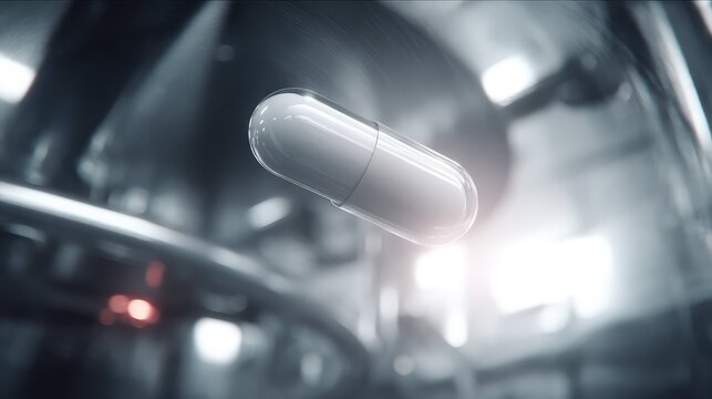 White capsule representing medical innovation and drug production, floating in a clean, high tech industrial setting with blurred machinery and bright light