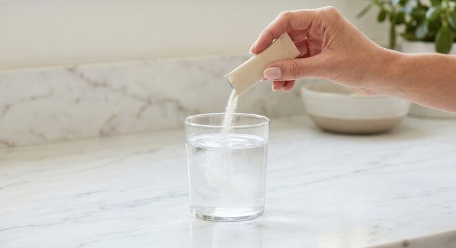 Hand pouring fiber supplement into glass of water