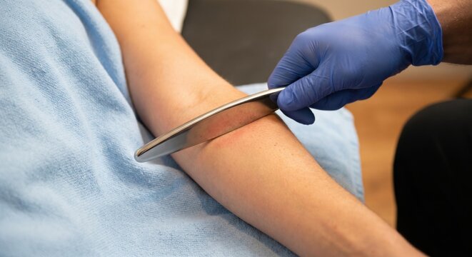 Therapist performing Graston technique on patient forearm