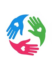 Obraz premium Three colorful hands in a circular arrangement symbolize unity and collaboration.