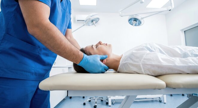 Doctor performing neck mobilization on patient in clinic