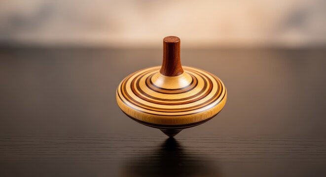 A handcrafted timber spinning top rotates rapidly on a polished surface, showcasing blurred wood grain and elegant craftsmanship in motion, balance, macro, rotation