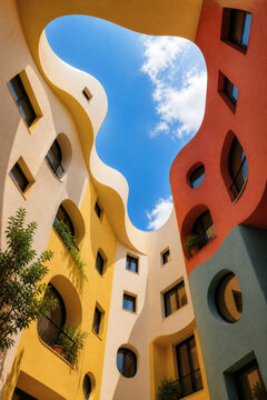 Organic Modern Apartment Courtyard with Curved Colorful Architecture and Blue Sky