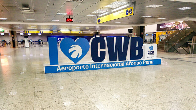Sign with the abbreviation CWB for the city of Curitiba, the IATA code for Afonso Pena International Airport, S&atilde;o Jos&eacute; dos Pinhais, Paran&aacute;, southern Brazil.