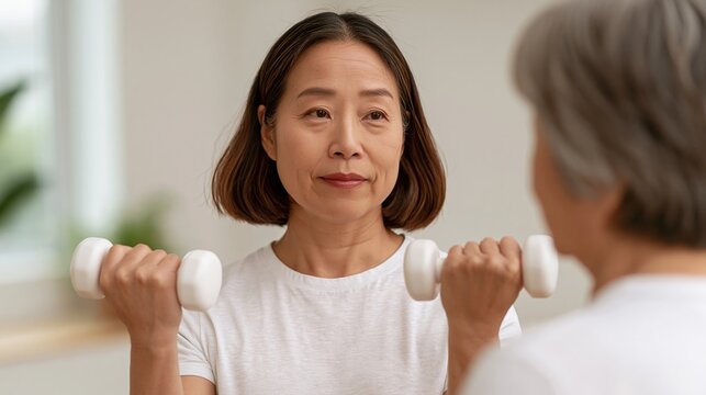 Senior Exercise with Dumbbell: Focus on a senior Asian woman as she diligently works out, lifting dumbbells with a dedicated focus, exemplifying the value of physical fitness.