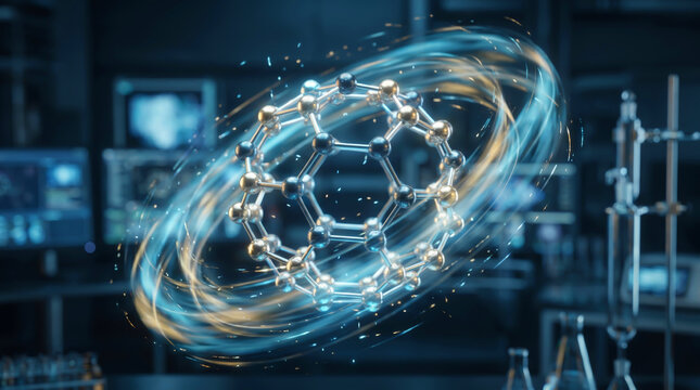Advanced biotechnology molecule for skincare and cosmetic science research featuring a glowing fullerene structure in a high-tech laboratory setting for anti-aging and dermatology innovation.