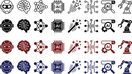 Artificial intelligence and robotics icon set with magic wand robot arm machine learning future tech robotics technology circuits automation innovation computing electronic collection © MST SUMAIYA