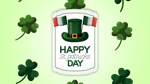 Happy Saint Patricks Day animation with green leprechaun hat and Irish flags on white frame.