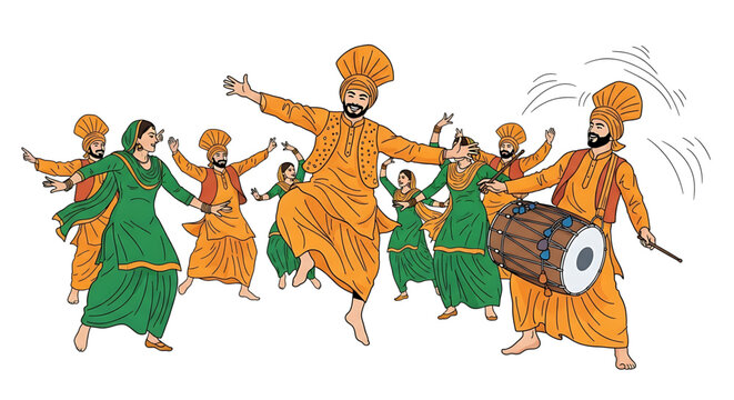 Group of people performing bhangra folk dance in traditional punjabi attire