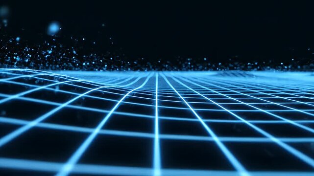 A futuristic, glowing blue grid stretches into the distance, creating a sense of depth and technological advancement against a dark background.