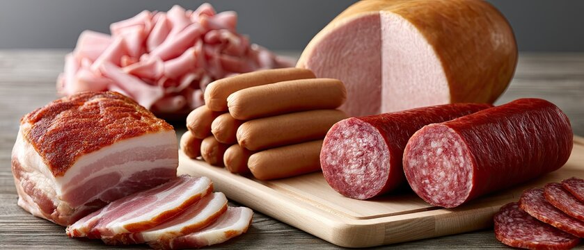 Variety of processed meats arranged on a wooden board with soft lighting, showcasing meats such as ham, sausages, and salami