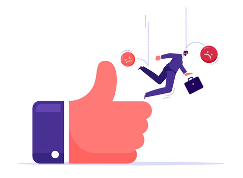 Bad review or feedback concept, company never thinking for adaptation or neglect to best quality requirement and new knowledge, service concept, businessman falling down form big thumb up sign