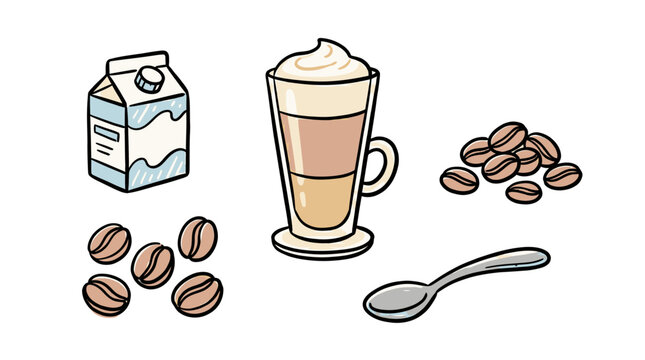 Coffee and milk drink with coffee beans and spoon in a minimalistic line art style suitable for caf? menu or cooking blog layouts