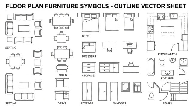Floor Plan Furniture Symbols Outline Vector Sheet.
