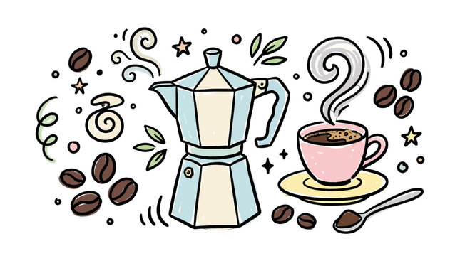Whimsical Coffee and Espresso Maker with Steaming Mug and Coffee Beans Illustration