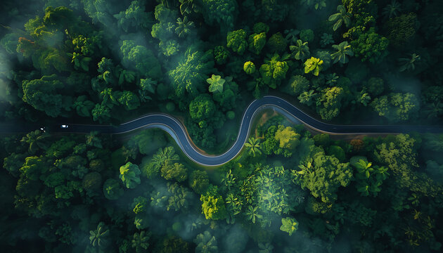 Aerial view of winding asphalt road through dense green rainforest canopy image photo vector illustration