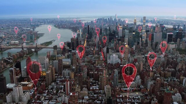 Aerial City View With Location Pins Overlay Representing GPS Navigation Data Tracking Smart City Technology And Digital Mapping Systems. Manhattan, New York. United States.