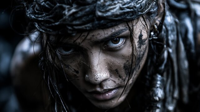 Intense Portrait of a Mud Covered Warrior Woman with Piercing Eyes