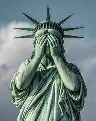 Fototapeta premium Statue of Liberty Covering Face with Hands in New York City
