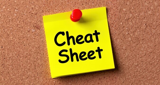 A bright yellow sticky note with the words "Cheat Sheet" boldly written in black marker It is secured to a textured corkboard with a red pushpin
