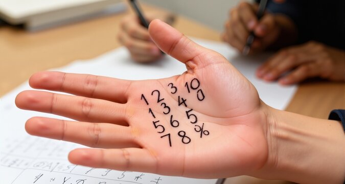 Closeup hand with written numbers and letters . Student write answer on palm.Concept : cheat the test. Dishonest behaviour. Education assessment.   
