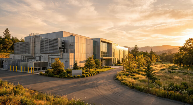 Modern data center building at sunset, cloud computing infrastructure and high tech server farm facility in natural landscape.
