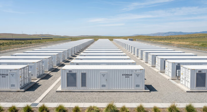 Aerial view of a large-scale battery energy storage system, BESS infrastructure for renewable energy grid stability.
