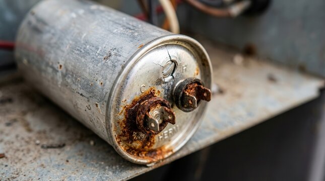 Rusted air conditioner capacitor on metal surface showing wear and damage, air conditioner components depict maintenance needs and aging technology.