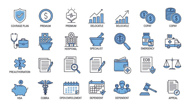 Set of health insurance and medical service icons, including coverage plan, premium, copay, hospital, specialist, emergency, preauthorization, hsa, cobra, open enrollment, dependent, and appeal