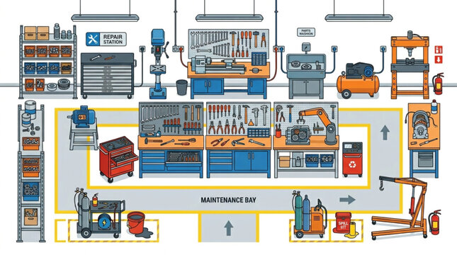 Automotive Mechanic Workshop Tools and Equipment Illustration.