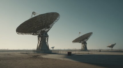 Fototapeta premium Several large radio telescopes standing in a vast, open field under a clear sky, actively receiving and sending signals, essential for modern communication and space research