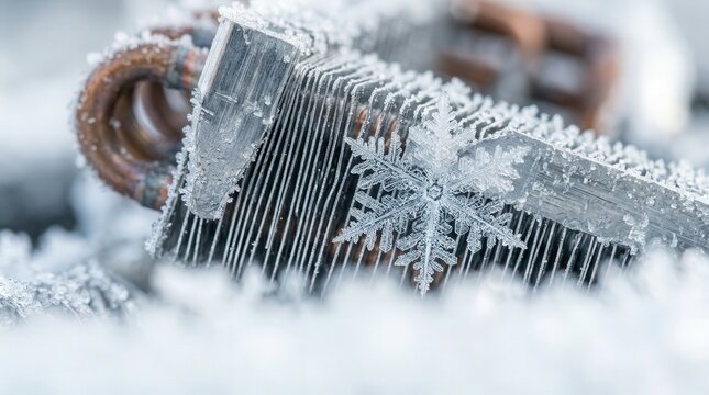 Frost-covered air conditioning unit with intricate icy patterns on metal surface, showcasing frozen snowflakes and frost details.