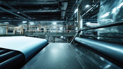 Obraz premium Automated manufacturing facility producing plastic material, with a modern industrial production line featuring conveyor belts and rollers moving a sheet of film