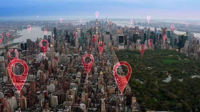 Aerial City View With Multiple Location Pins Showing Smart City Mapping GPS Navigation And Data Tracking. Artificial Intelligence New York City, Manhattan, United States.