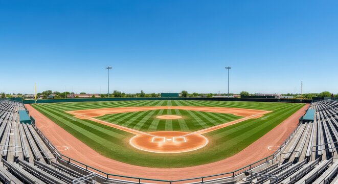 A wide angle view of a professional baseball diamond with vibrant green grass, groomed dirt, home plate, and empty bleachers under a blue sky, diamond, dirt, professional