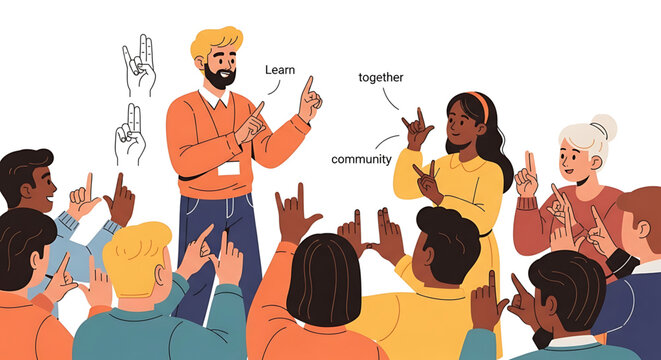 Diverse group of people learning sign language together with an instructor in a classroom setting