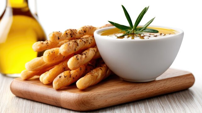 Savory breadsticks served with olive oil on a wooden board against a white background for a luxurious dining experience