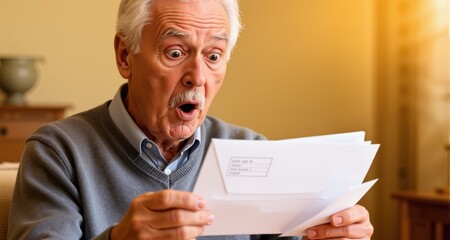 Fototapeta premium a pensioner reads a letter or utility bill with a surprised expression on his face