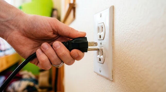 Hand plugging electrical cord into wall outlet for home appliance setup. Electrical connection involves secure placement of plug into outlet, ensuring functionality for convenient device usage.