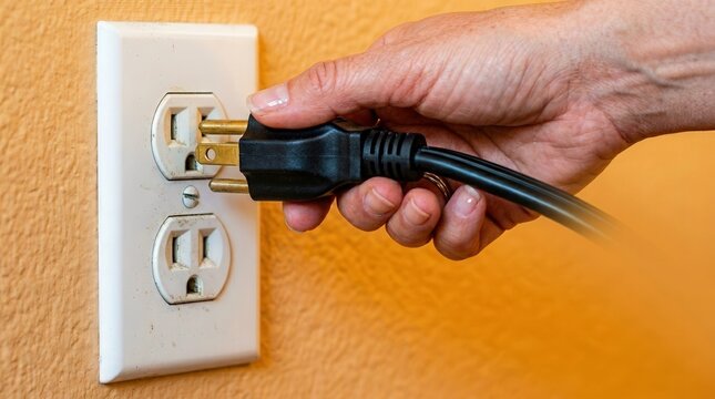 Hand inserting plug into electrical outlet for air conditioner power supply, ensuring proper connection and functionality of home appliance. Essential step for energy efficiency and cooling solutions.