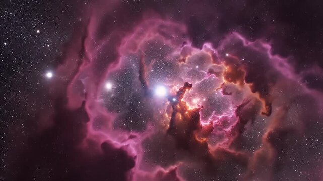 A stunning astronomical image reveals a vibrant nebula glowing with intricate patterns of pink, purple, and orange hues against a backdrop of countless stars.