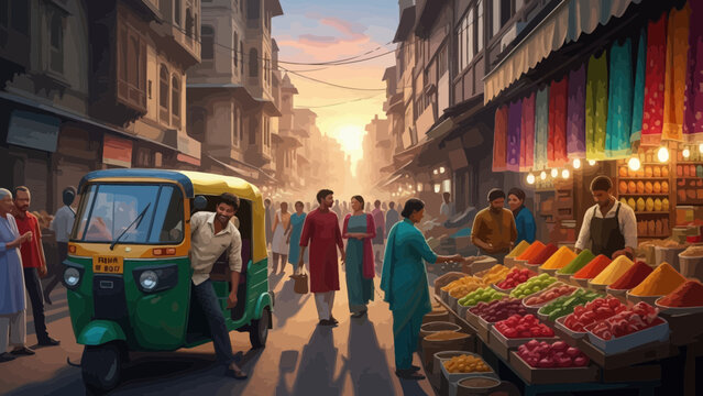 Indian Market Scene with Auto Rickshaw and People