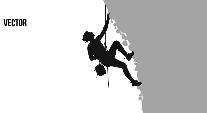 Silhouette of a female rock climber ascending a steep cliff face